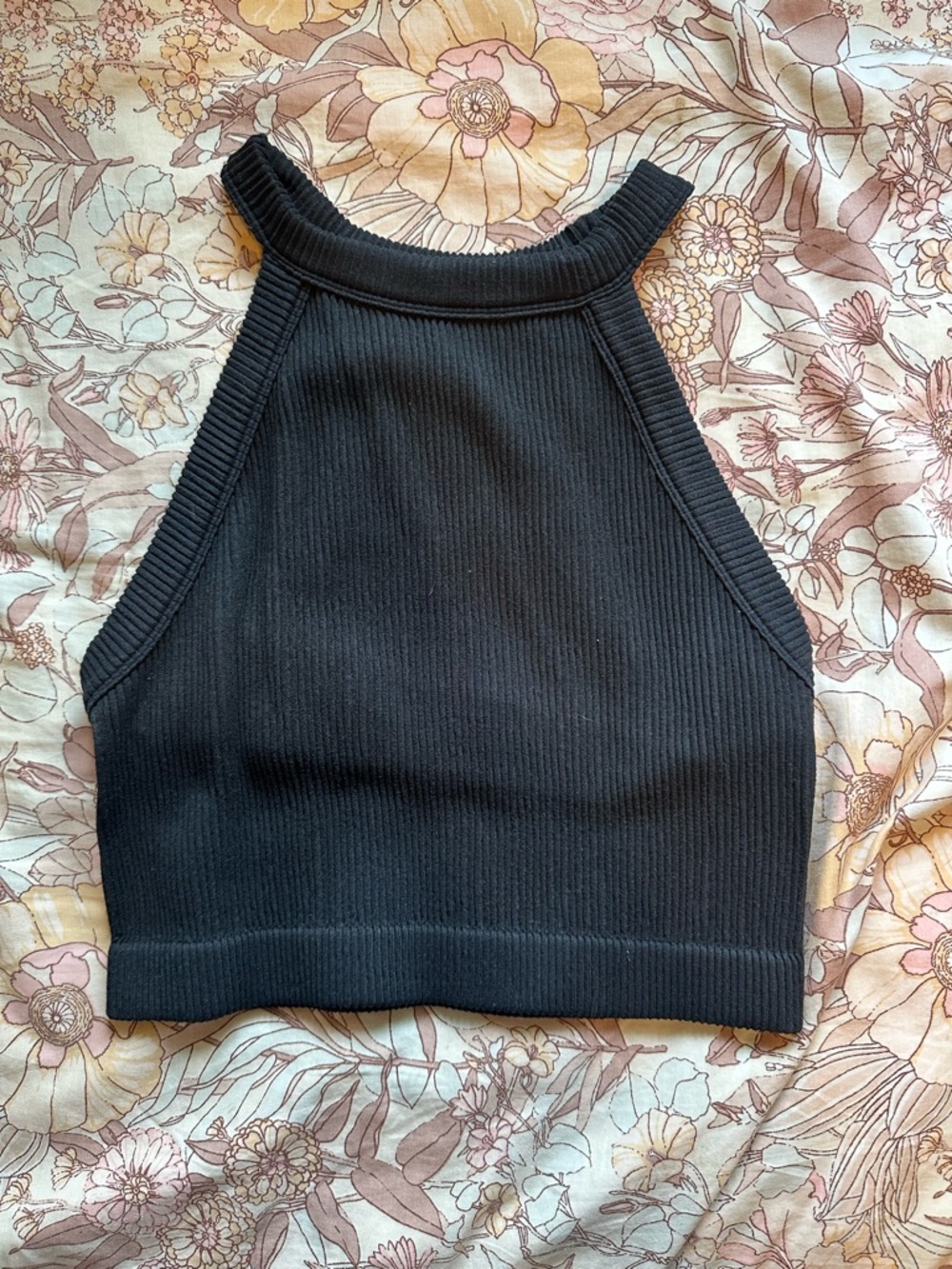 aerie Black Ribbed High-Neck Cropped Tank